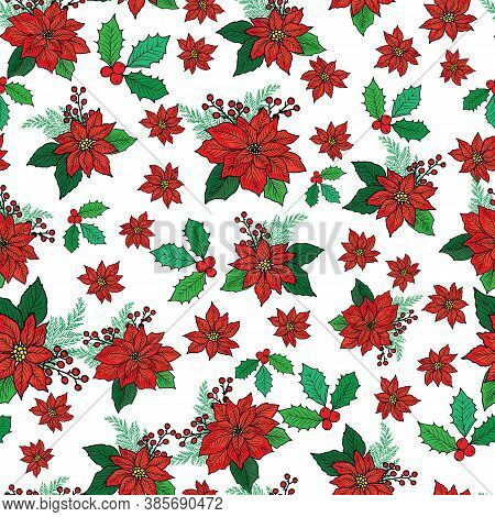Seamless Christmas Pattern With Red Poinsettia, Holly, Mistletoe And Berries On White Background Des