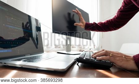 Software Developer Or Programmer Working Data Debugging Improvement Binary Algorithm On Desktop Pc I
