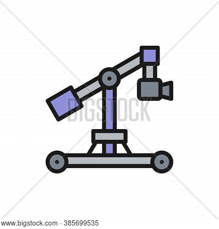 Digital Movie Camera On Dolly Rails Flat Color Line Icon.