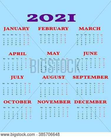 Calendar 2021 Year - Vector Illustration. Week Starts On Monday.