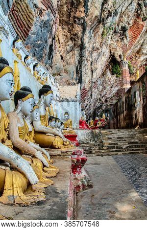 Buddha Statues In Yathaypyan Kawgungu Cave, Hpa An , Myanamar, Former Burma