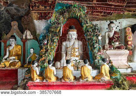 Buddha Statues In Yathaypyan Kawgungu Cave, Hpa An , Myanamar, Former Burma