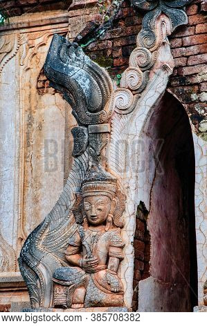 Ruins Of Ancient Stupas Of Shwe Indein Pagoda Over Blue Sky. Indein Village, Inle Lake, Shan State, 