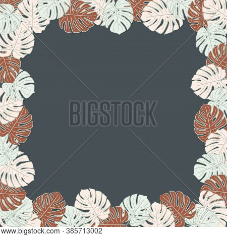 Pattern With Monstera Leaves In Art Deco Style. Blue, Pink And Brown Leaves On A Dark Background. Mo