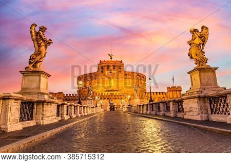 Castel Santangelo And The Santangelo Bridge During Twilight Sunset In Rome, Italy