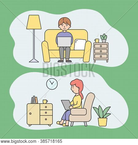 Remote Work, Freelance, Distant Work Concept. People Work From Home Using Devices Connected To Inter