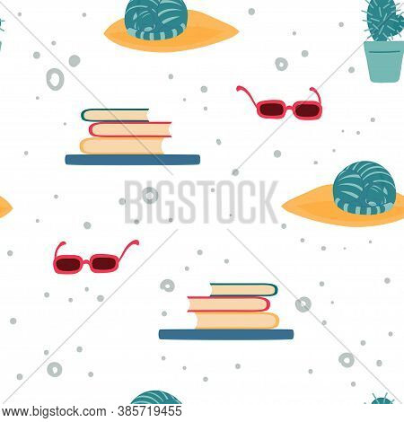 Vector Seamless Pattern With A Cat Sleeping On A Yellow Pillow And A Bookshelf And Sun Glasses.