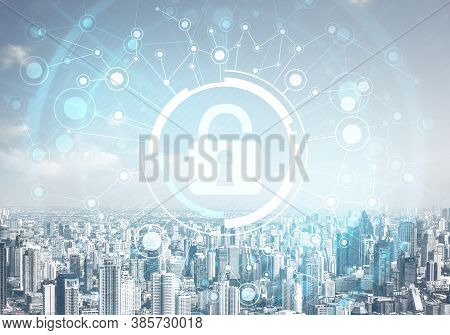 Global Cybersecurity Mixed Media With Virtual Locking Padlock On Cityscape Background. Data Cryptogr