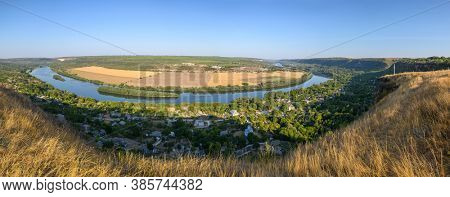 View from the top of hill to Dniester river near Socola village, Soldanesti district, Moldova. High resolution stitched panorama.