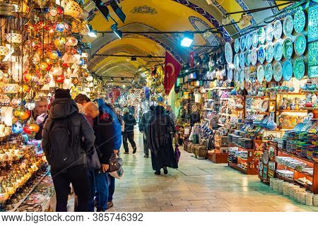 Istanbul - March 14 2020: The Grand Bazaar Is The Most Famous Oriental Covered Market In The World. 