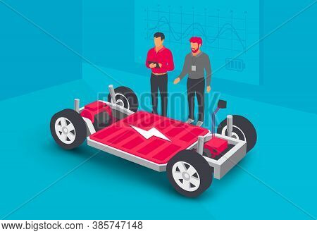 Electric Car Chassis Battery Platform Skateboard Module Pack Board. Automobile Engineers Working Wit