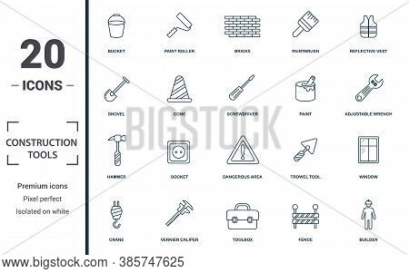 Construction Tools Icon Set. Monochrome Sign Collection With Bucket, Paint Roller, Bricks, Paintbrus