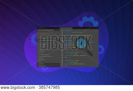 Software Development And Application Debugging Concept Illustration. Program Code Screen With Develo
