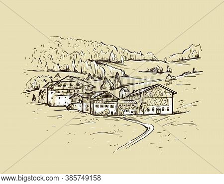 Vintage Rural Landscape. Sketch Hand Drawn Vector Illustration With A Village Houses On The Mountain