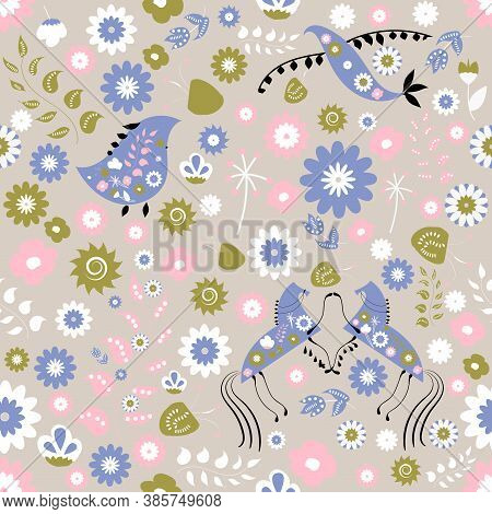 Seamless Folk Pattern With Flowers And Animals, Vector Illustration