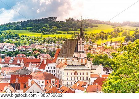 St Vitus Church In The Middle Of Historical City Centre. Cesky Krumlov, Southern Bohemia, Czech Repu