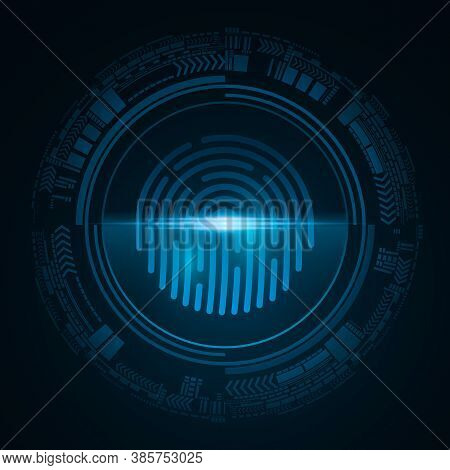 Fingerprint For Computer System Security With Neon Scan. Futuristic Blue Padlock Button With Hud Int