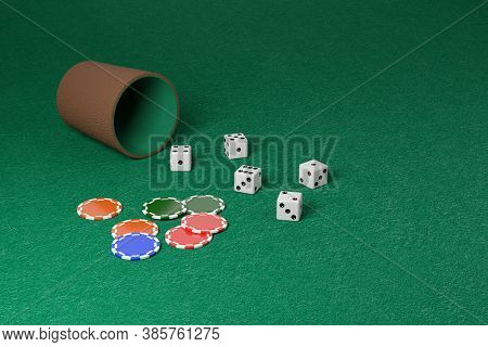 Dice And Dice Cup And Chips On A Green Cloth. 3d Illustration.
