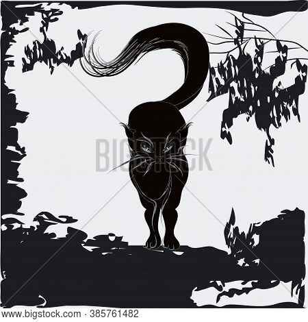 Cat In A Dark Abstract Forest - Black And White Background - Vector. Witchcraft. Magic. Halloween Pa