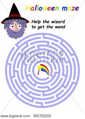 Help The Wizard To Get The Wand Halloween Labyrinth Game Stock Vector Illustration. Funny Printable 