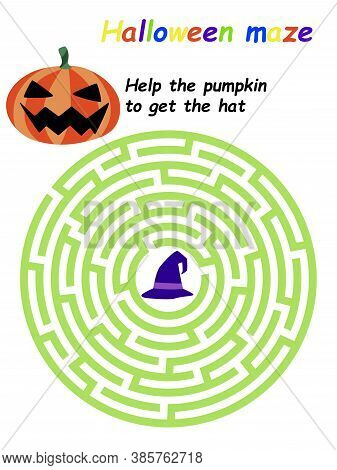Funny Halloween Maze Game With Circle Labyrinth Stock Vector Illustration. Help The Pumpkin To Get T