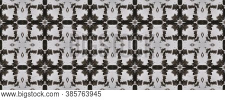 Geometric Painting. Repeat Tie Dye Illustration. Ikat Islamic Design. Black, White, Gray, Silver Sea