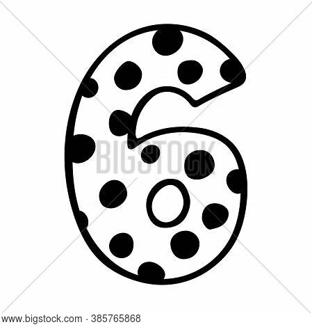 Cute Number 6. Hand Drown Vector Six With Polka Dot. Design For 6 Years Baby, Baby Party Decor, Logo