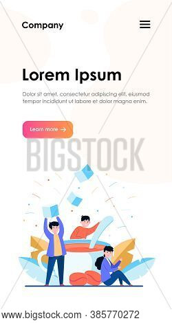 Tiny People Mixing Sugar In Big Cup Of Coffee Flat Vector Illustration. Cartoon Office Employees At 