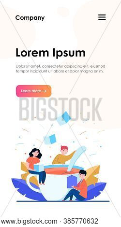 Happy People Mixing Sugar In Big Cup Of Tea. Spoon, Office, Lunch Flat Vector Illustration. Hot Beve