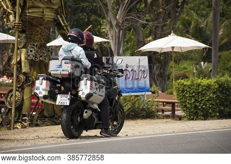 Travelers Thai People Couple Lover Riding Big Bike Motorcycle On Road Near Tha Pai Bridge Go To Trav