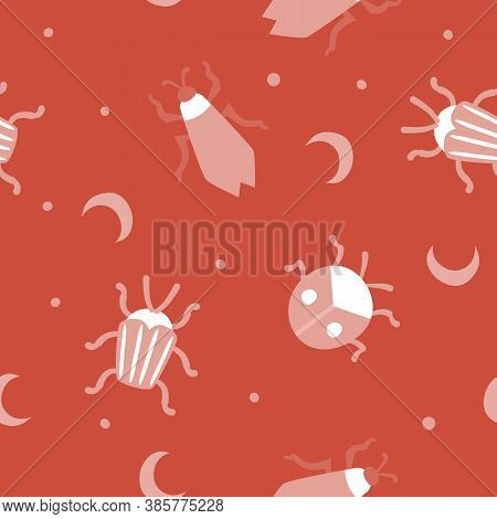 Сute Vector Seamless Pattern With Beetles And Moon In Pastel Pink And White On Red Background. Digit