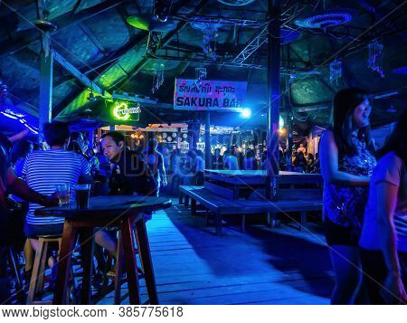 Vangvieng/lao-10 Dec 2017:unacquainted People Hangout In Sakura Bar At Vangvieng City Laos.vangvieng