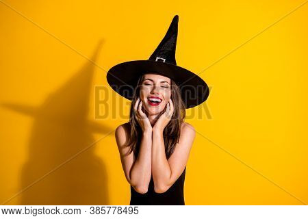 Photo Of Cute Pretty Young Lady Eyes Closed Open Mouth Hands Face Hear Flattery Complimented Fall Th