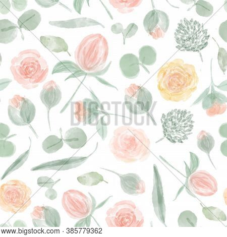 Seamless Pattern Of Watercolor Flowers. Design For Fabric, Paper. Illustration Of Flower Fields