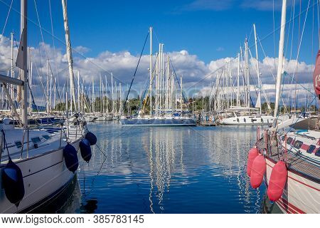 Corfu Island/greece- May 5, 2019: View Of Beautiful Gouvia Port Marina - Calm Sea, White Yachts And 
