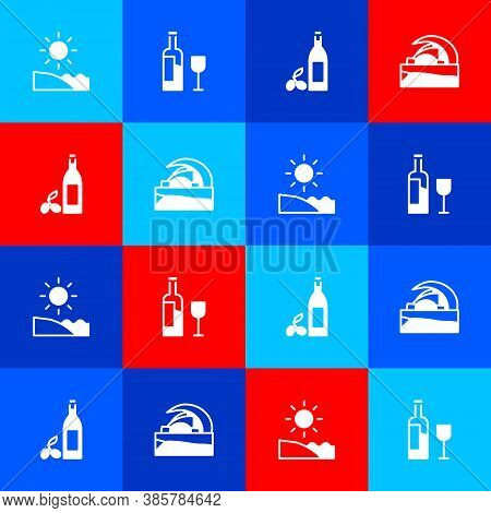 Set Beach, Wine Bottle With Glass, Bottle Of Olive Oil And Concert Hall De Tenerife Icon. Vector