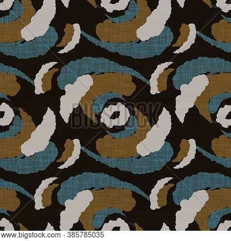 Seamless Dark Blockprint Linen Background. Moody Watercolor Wash Texture. Mid Century 50s Soft Furni