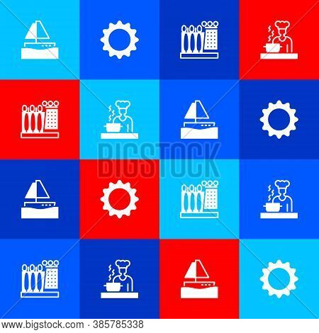 Set Yacht Sailboat, Sun, Dali Museum And Spanish Cook Icon. Vector