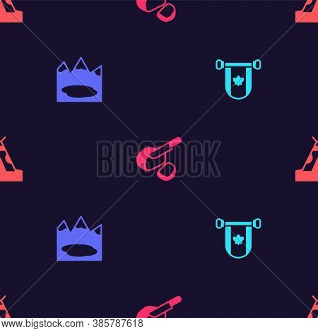 Set Pennant Canada, Canadian Lake, Peameal Bacon And Indian Teepee Or Wigwam On Seamless Pattern. Ve
