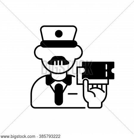 Ticket Inspector Black Linear Icon. Train Travel, Railroad Transportation Service Outline Symbol On 