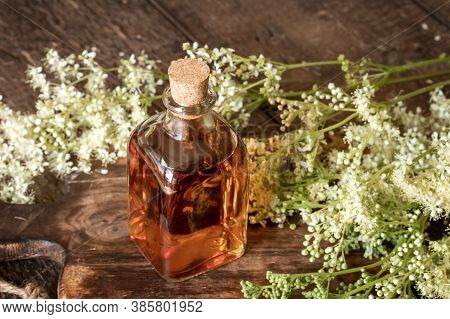 A Bottle Of Homemade Meadowsweet Tincture With Fresh Blooming Plant On A Table