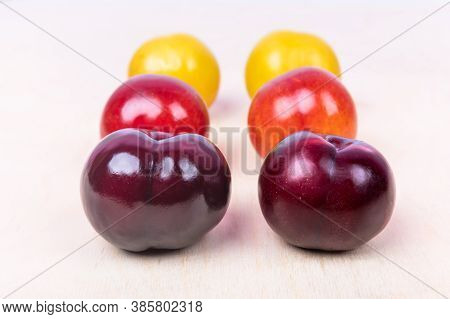 Red, Yellow Plum Fruit Close Up On The White Background Isolated