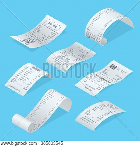 Shopping Bills Curved Short, Long With Total Cost, Barcode, Goods List Realistic Templates Set.