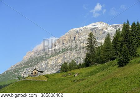 Mountain Landscape At Summer Along The Road To Campolongo Pass, Dolomites, Belluno Province, Veneto,
