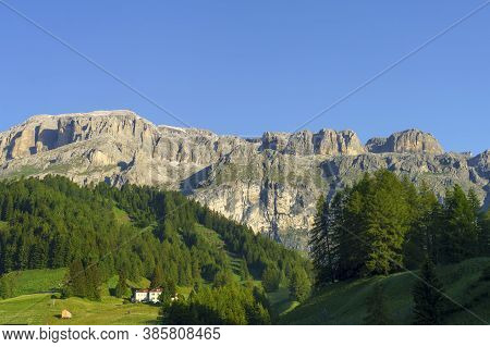 Mountain Landscape At Summer From The Village Of Arabba, Dolomites, Belluno Province, Veneto, Italy.