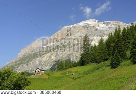 Mountain Landscape At Summer Along The Road To Campolongo Pass, Dolomites, Belluno Province, Veneto,