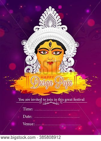 Invitation For Celebration Durga Puja. Illustration Of Maa Durga On The Indian Festival Of Durga Puj