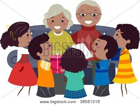 Illustrazione dei bambini dando regali ai loro nonni