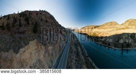 Scenic Road View Surrounded By Dessert Hills, Along Trans-canada Highway, West Of Kamloops, North Of
