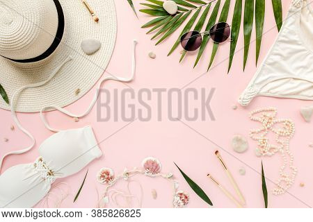 Traveler Accessories, Women Summer Bikini Set Swimsuit, Tropical Palm Leaf Branches On Pink Backgrou